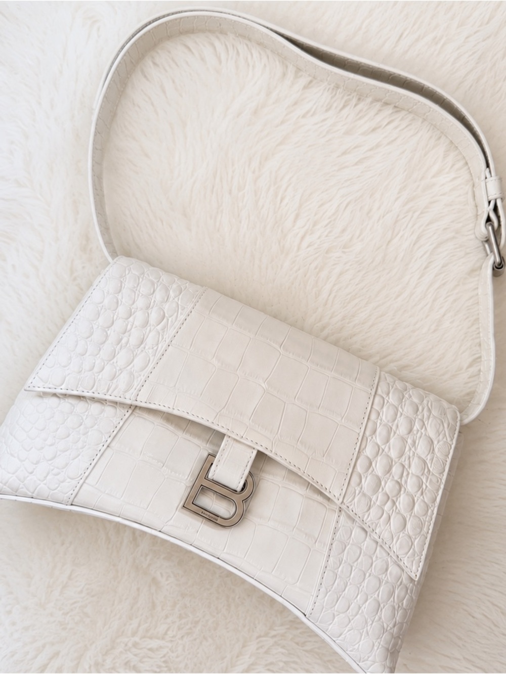 Balenciaga White Croc-Texture Shoulder Bag with Silver B Logo